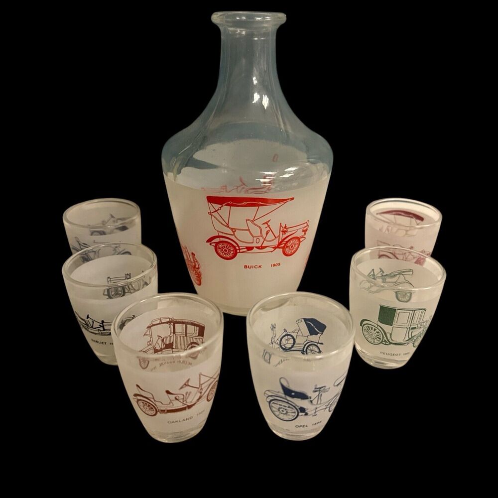 Vtg CAR Decanter Multi Color 6 Shot Glass Set‎ Service Liqueur Luminarc France